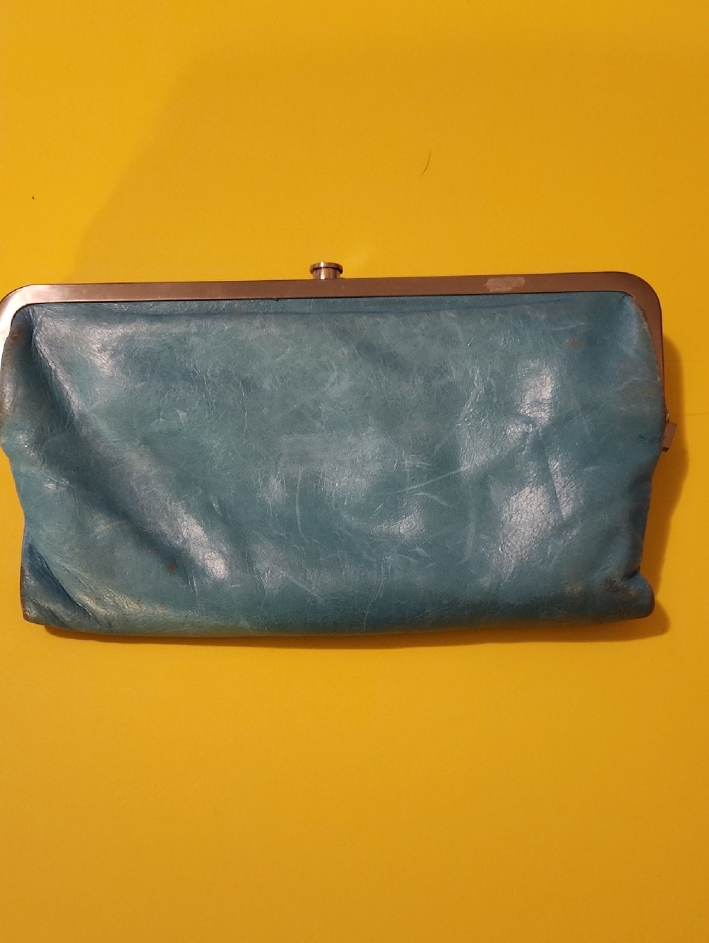 HOBO Teal Leather Frame Clutch with Black & White Chevron Lining.  Buttery Soft.